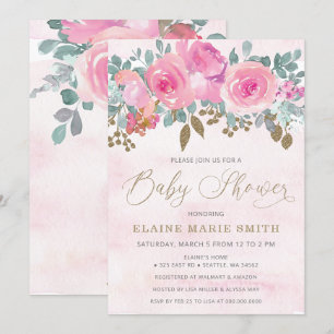 Invitation Élégant bébé rose floral dans le Baby shower en fl
