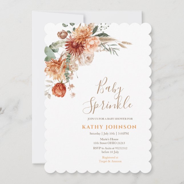 Invitation Élégant Bébé Sprinkle Terracota Baby shower Floral (Devant)