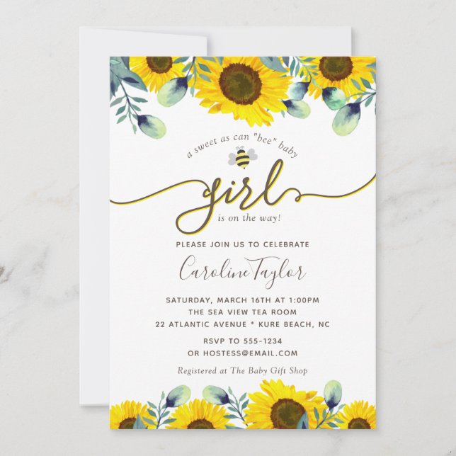Invitation Elégant Bee Sunflowers Fille Baby shower (Devant)