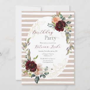Invitation Elégant Beige Bourgogne rayé Anniversaire Invitati