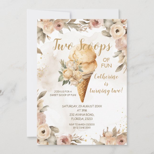 Invitation Elégant Beige Deux Scoops De Fun 2ème Anniversaire (Devant)