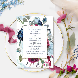 Invitation Elégant Berry Blue Bourgogne Floral Mariage