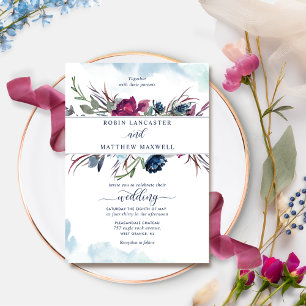 Invitation Elégant Berry Blue Floral et Mariage d'aquarelle