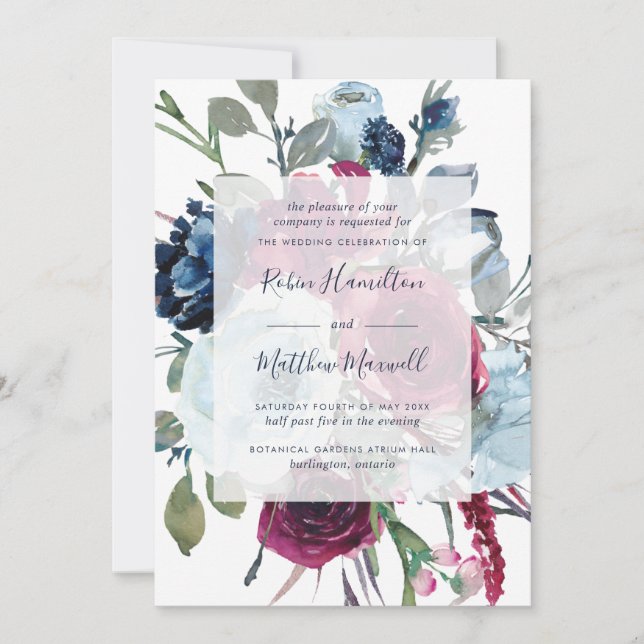 Invitation Elégant Berry et Mariage floral bleu aquarelle (Devant)