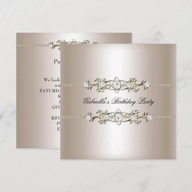Invitation Elégant Biege Cream Gold Bijou fête d'anniversaire (Devant / Derrière)