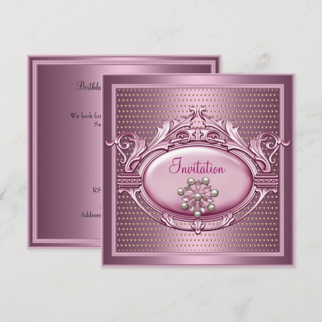 Invitation Élégant Bijou de Perle Rose en Satin pour Fête d'A (Devant / Derrière)