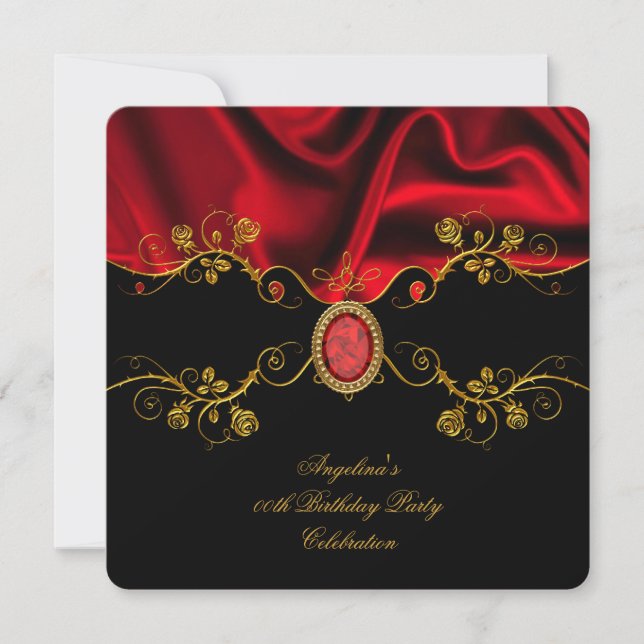 Invitation Elégant bijou de soie rouge Black Gold fête d'anni (Devant)
