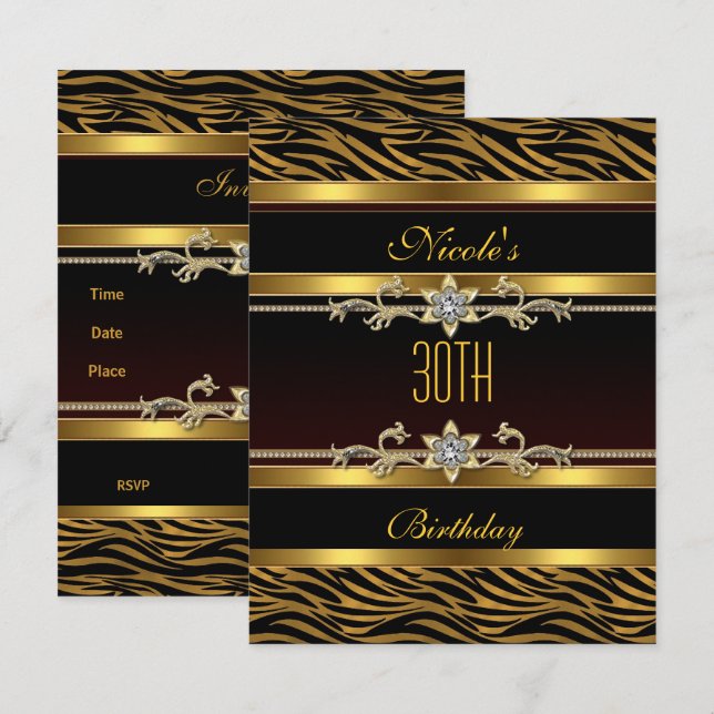 Invitation Elégant bijou d'or noir 30e anniversaire Invitatio (Devant / Derrière)