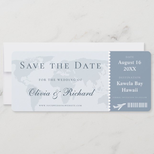 Invitation Élégant Billet d'Embarquement Bleu Poussiéreux Sav (Devant)