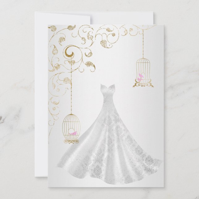 Invitation ELEGANT Birdcage mariage robe or argent mariage (Devant)