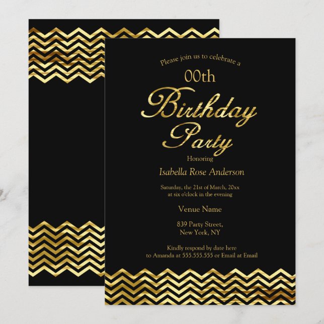 Invitation Elégant Birthday Gold Shimmer Bande Chevron Noir (Devant / Derrière)