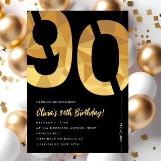 Invitation Elegant black and gold 90th Birthday Party