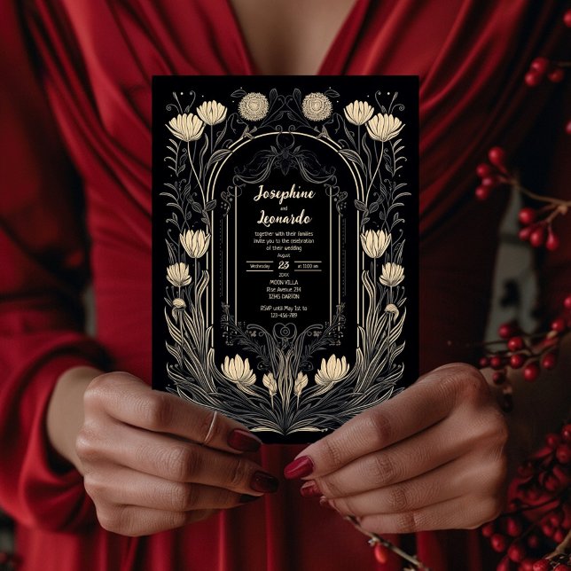 Invitation Elegant Black and Gold Art Nouveau Floral Wedding (Créateur téléchargé)