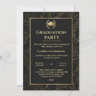 Invitation Élégant Black and Gold Floral Graduation Party