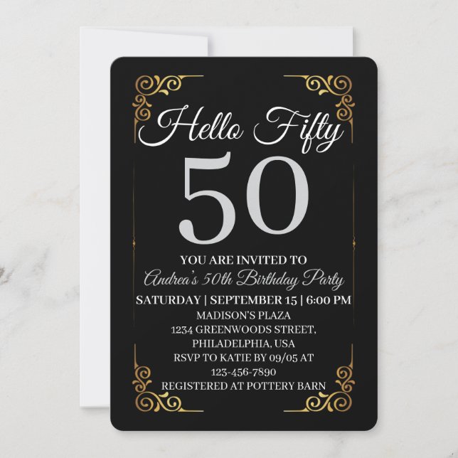 Invitation Elegant Black and Gold Hello 50th For Women  (Devant)