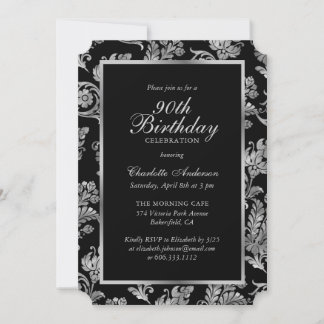 Invitation Elégant Black and Silver Vintage 90e anniversaire