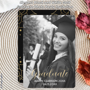 Invitation Élégant Black and White Gold Graduate Photo Party