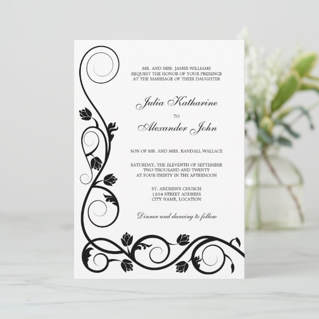 Invitation Elegant Black and White Swirls (Debout devant)