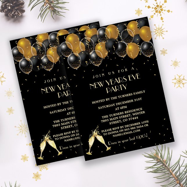 Invitation Élégant Black Ballons Or Fête du Nouvel An (trendy gold black New Years eve party invite, gold black balloons new year party invitation)
