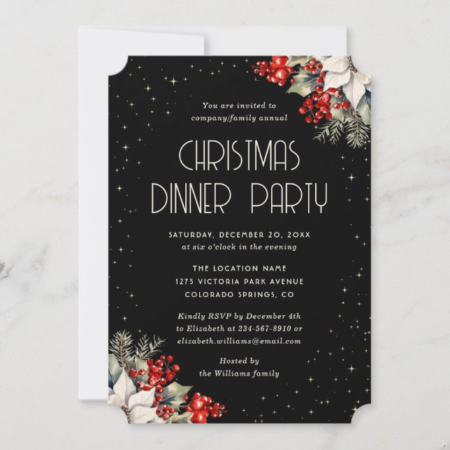 Invitation Elegant Black Botanical Christmas Holiday Party (Devant)