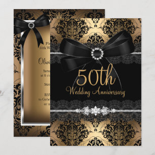 Invitation Elégant Black Bow & Damask Gold 50e Anniversaire 2