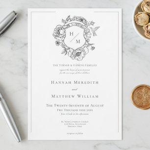 Invitation Elégant Black Chinoiserie Bird & Crest Mariage