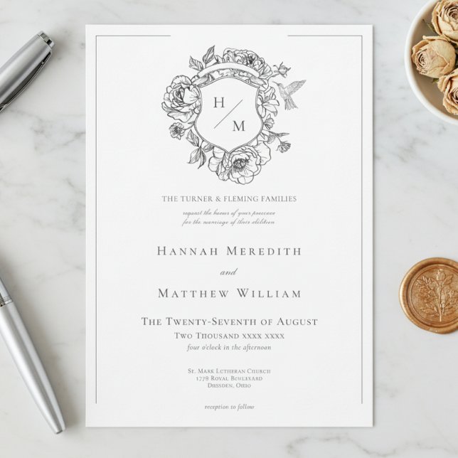 Invitation Elégant Black Chinoiserie Bird & Crest Mariage (Créateur téléchargé)