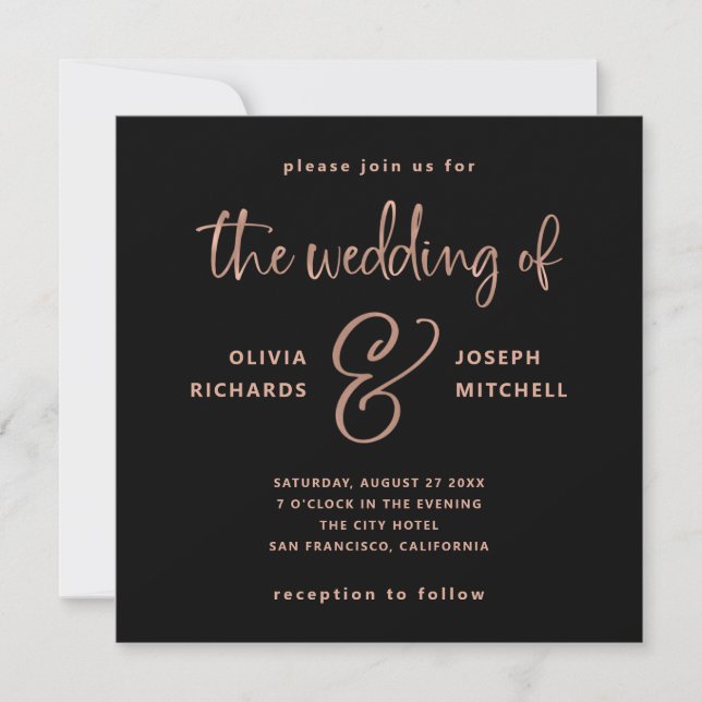 Invitation Elégant Black et Faux Rose Mariage or (Devant)