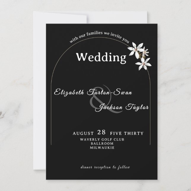 Invitation Elegant Black Floral Arch Typography Wedding (Devant)