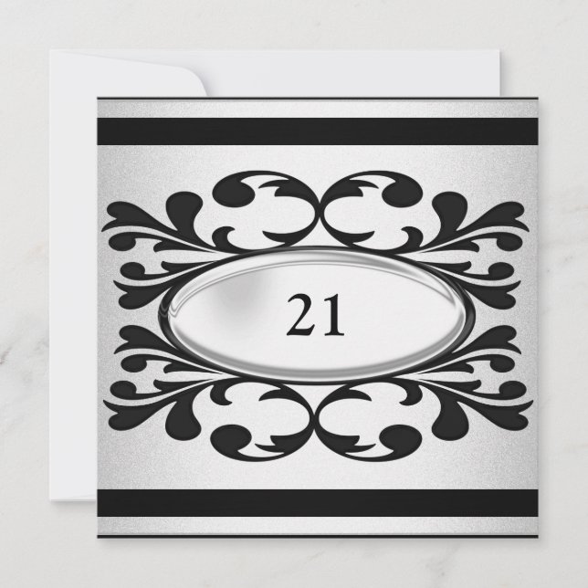 Invitation Elégant Black Floral Light Argent 21e anniversaire (Devant)
