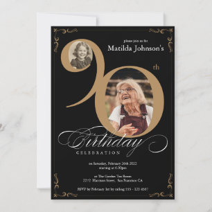 Invitation Elégant Black Gold 2 Photo Custom 90e anniversaire