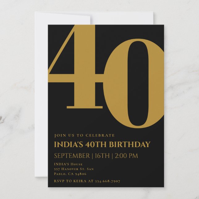 Invitation Elegant Black & Gold 40th Birthday Party (Devant)