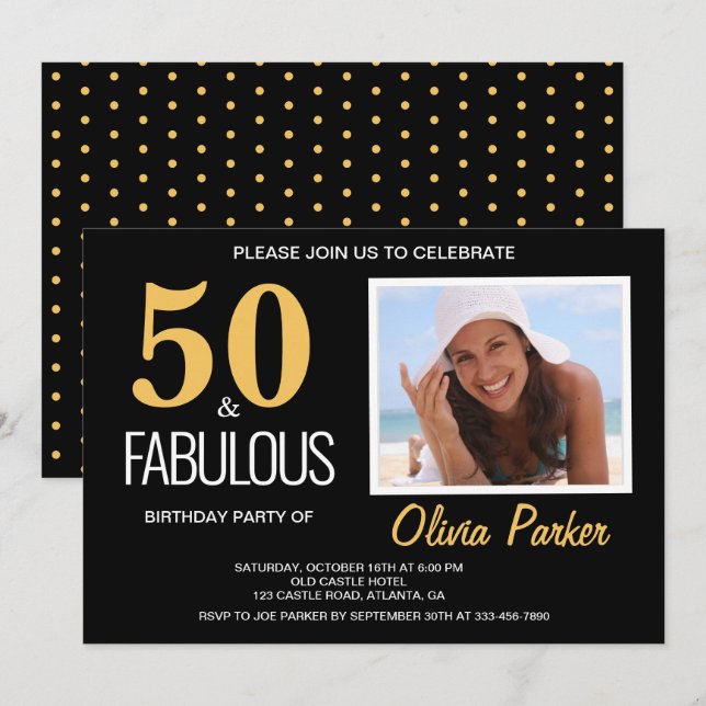 Invitation Elégant Black Gold 50e anniversaire de fête Invita (Devant / Derrière)