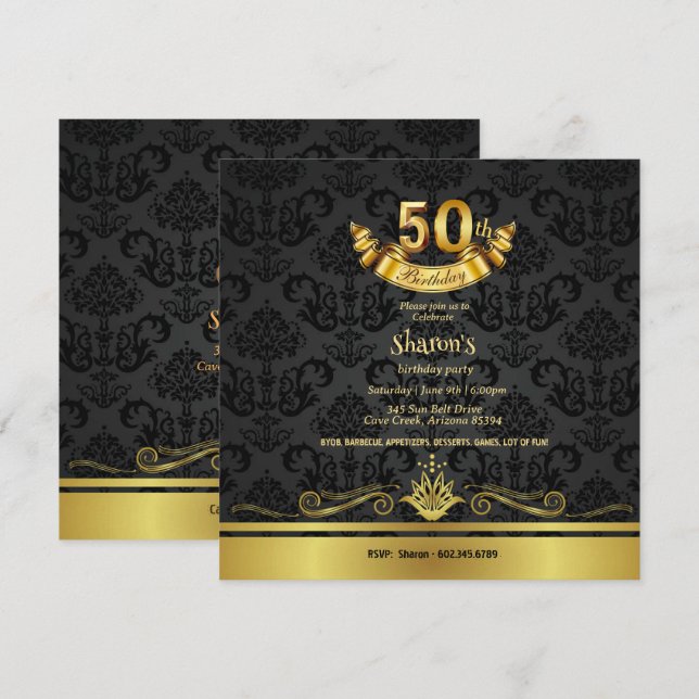 Invitation Elégant Black & Gold 50th Birthday Party Invitatio (Devant / Derrière)