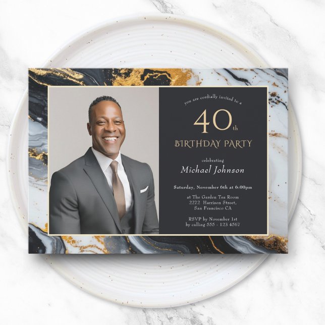 Invitation Elégant Black Gold Agate Photo 40e anniversaire (Elegant Black Gold Agate Photo 40th Birthday Invitation)