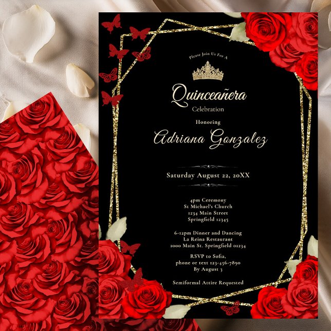 Invitation Elegant Black Gold and Red Roses Quinceanera  (Créateur téléchargé)
