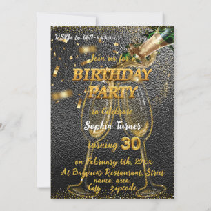 Invitation Elégant Black & Gold avec Champagne 30e anniversai