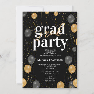 Invitation Élégant Black & Gold Ballons Graduation
