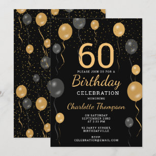 Invitation Elégant Black & Gold Balloons 60e fête d'anniversa