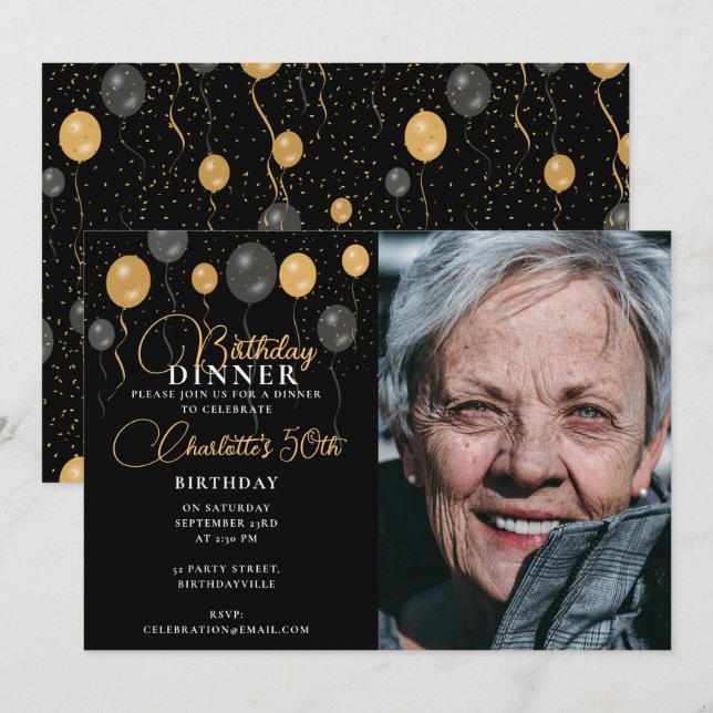 Invitation Elégant Black & Gold Balloons Photo Anniversaire (Devant / Derrière)