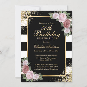 Invitation Elégant Black Gold Black Pink Floral 50e anniversa