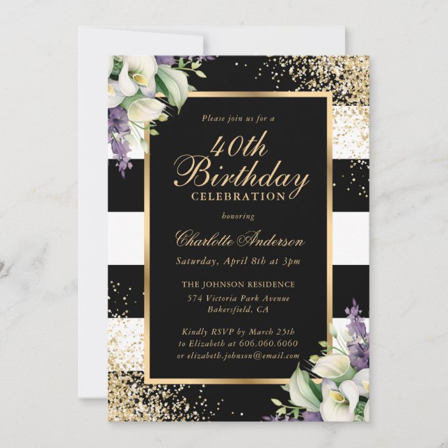 Invitation Elégant Black Gold Calla Lily 40e anniversaire (Devant)