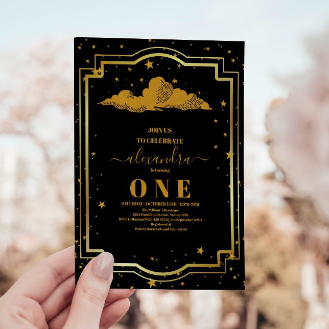 Invitation Elégant Black Gold Celestial 1er anniversaire (Créateur téléchargé)