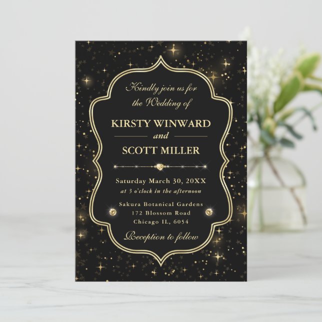 Invitation Elegant Black & Gold Celestial Starry Wedding (Debout devant)
