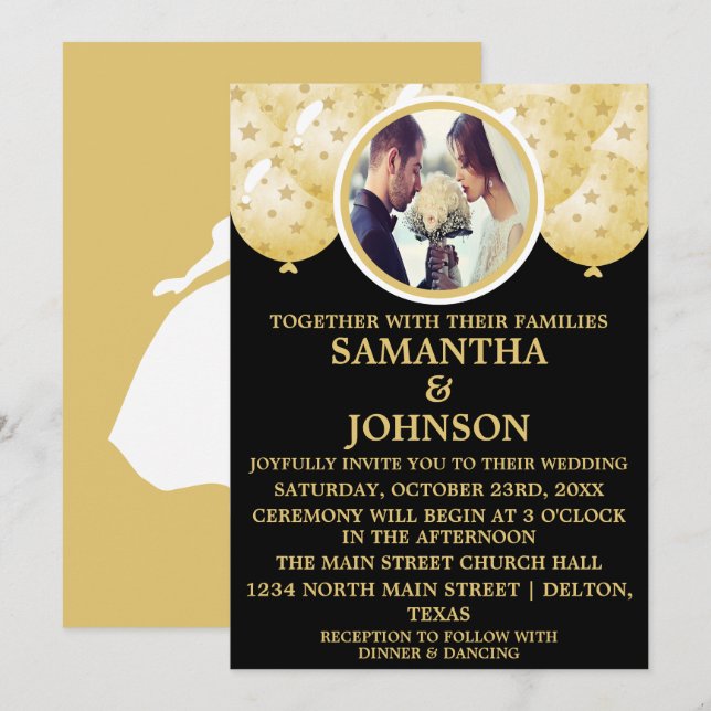 Invitation Élégant Black Gold Confetti Balloons Mariage photo (Devant / Derrière)