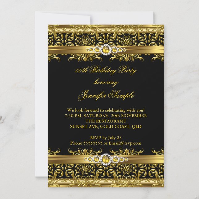 Invitation Elégant Black Gold Damask Diamond Anniversaire (Devant)