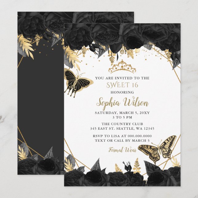Invitation Elégant Black Gold Floral Butterfly Sweet 16 (Devant / Derrière)