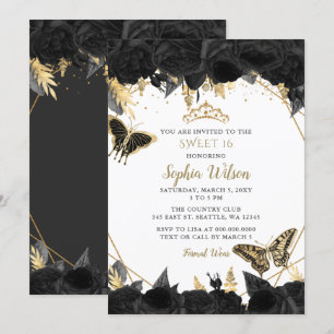 Invitation Elégant Black Gold Floral Butterfly Sweet 16