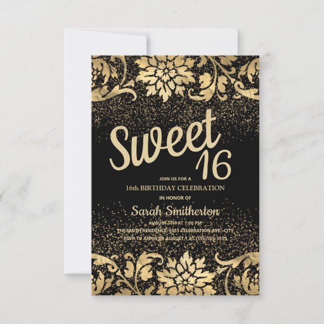 Invitation Elégant Black Gold Floral Parties scintillant Swee (Devant)