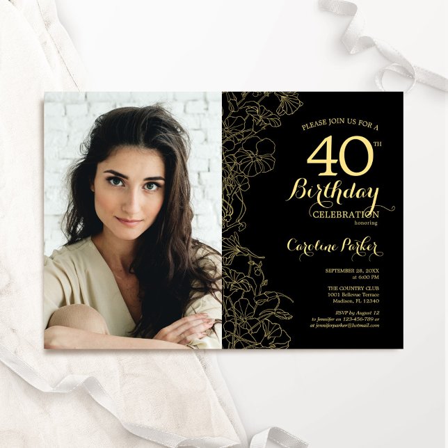 Invitation Elégant Black Gold Floral Photo 40e anniversaire (Créateur téléchargé)